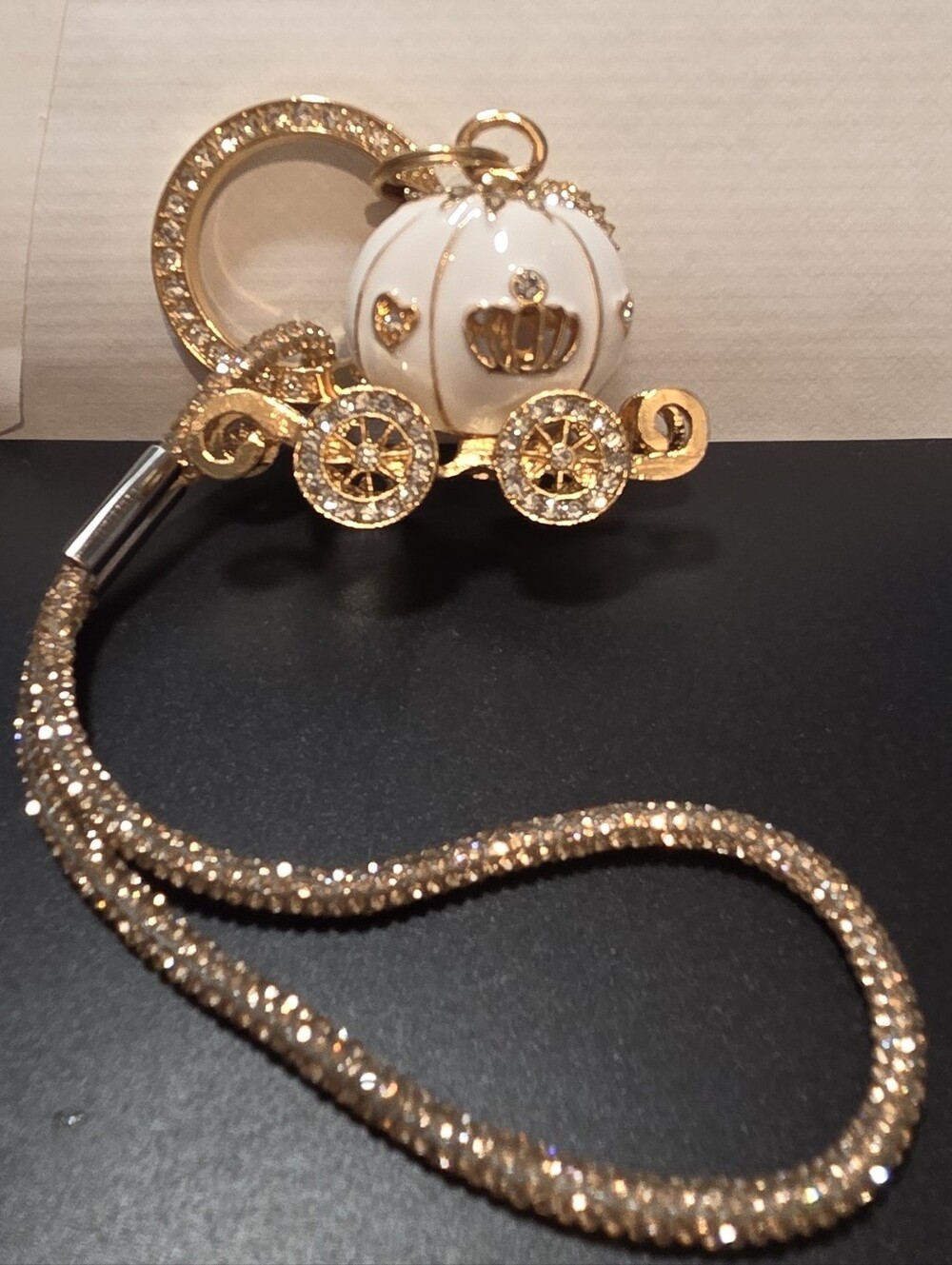 Sparkly Gold & White Princess Carriage Keychain with Sparkly Wristlet.